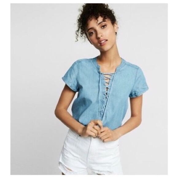 Express Blue Chambray Lace Up V Neck Blouse Top Short Sleeve - Picture 1 of 6
